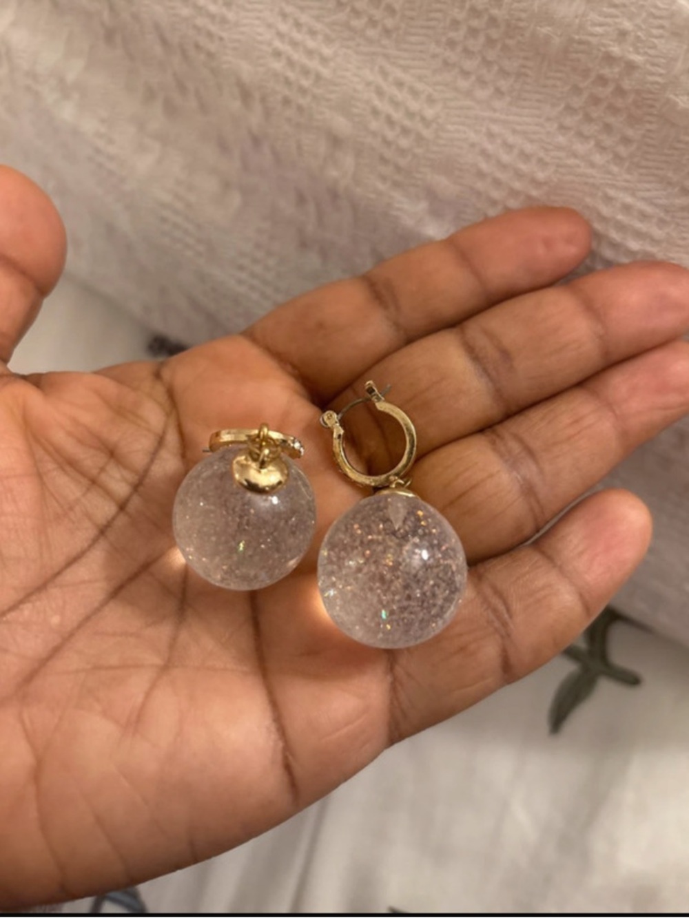 Gold Hoop Drop Earrings with Clear Glitter Globe - Picture 5 of 6